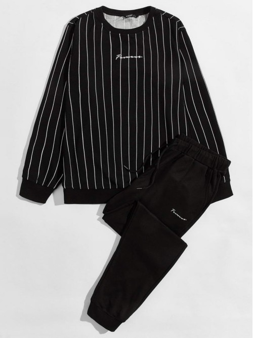 Men Letter Embroidery Striped Pullover & Sweatpants Set