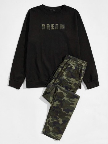 Men Letter Graphic Pullover & Drawstring Waist Camo Pants Set