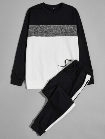 Men Colorblock Pullover & Contrast Sideseam Sweatpants Set