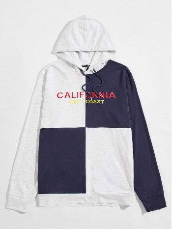 Men Embroidery Letter Colorblock Drawstring Hoodie