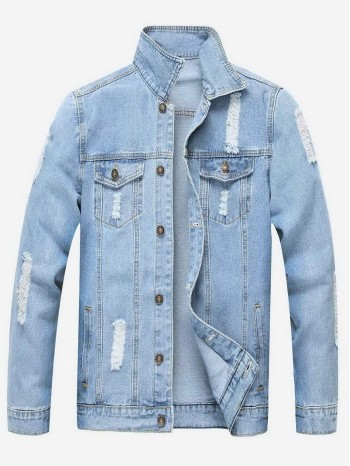 Men Ripped Solid Denim Jacket