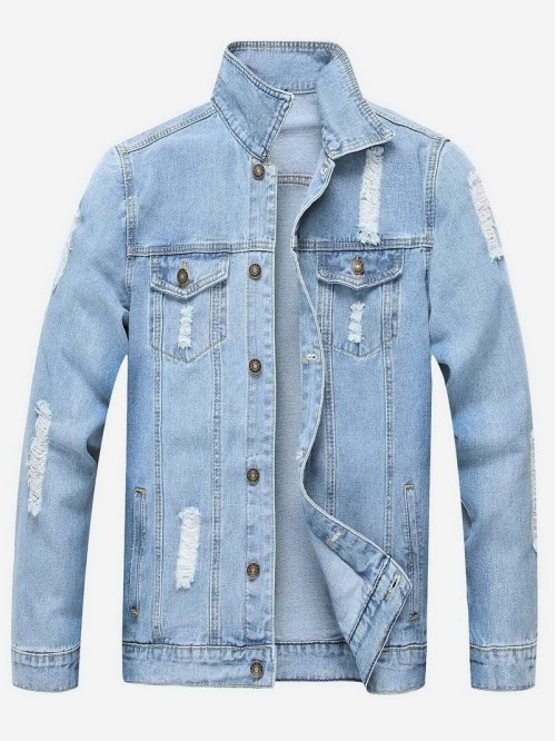 Men Ripped Solid Denim Jacket