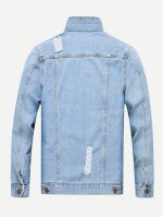 Men Ripped Solid Denim Jacket