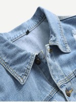 Men Ripped Solid Denim Jacket