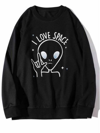 Men Cartoon Alien And Slogan Print Sweatshirt