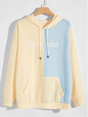 Men Color Block And Letter Graphic Drawstring Hoodie