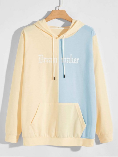 Men Color Block And Letter Graphic Drawstring Hoodie