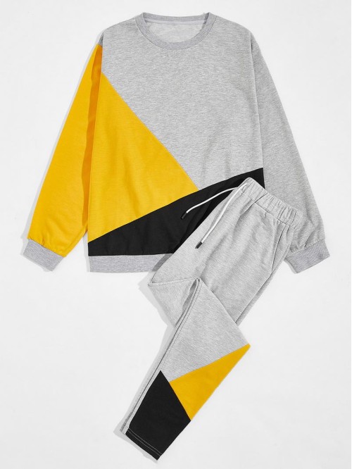 Men Color-block Sweatshirt & Drawstring Waist Sweatpants