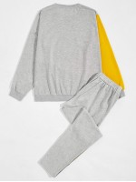 Men Color-block Sweatshirt & Drawstring Waist Sweatpants