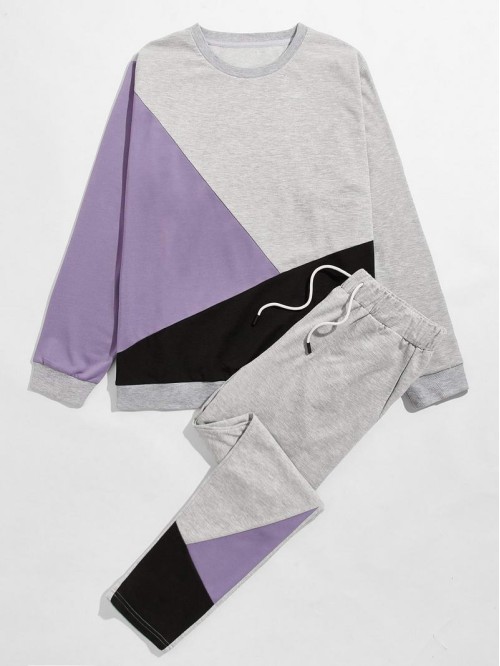 Men Color-block Sweatshirt & Drawstring Waist Sweatpants