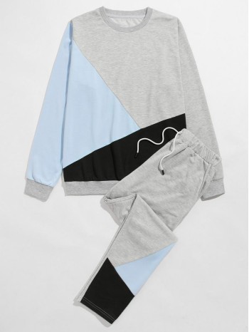 Men Color-block Sweatshirt & Drawstring Waist Sweatpants