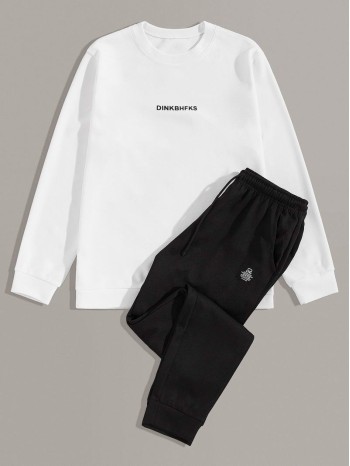 Men Letter Graphic Sweatshirt & Patched Drawstring Waist Sweatpants