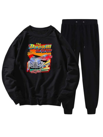 Men Car & Slogan Graphic Sweatshirt & Sweatpants