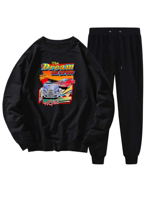 Men Car & Slogan Graphic Sweatshirt & Sweatpants