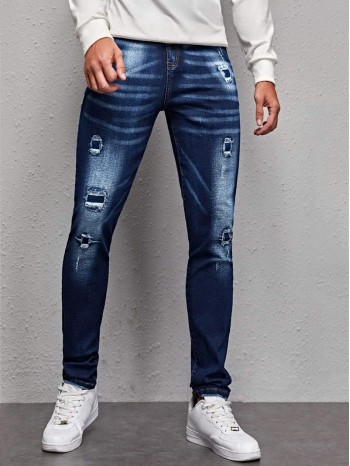 Men Ripped Zipper Fly Tapered Jeans