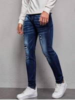 Men Ripped Zipper Fly Tapered Jeans