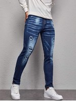 Men Ripped Zipper Fly Tapered Jeans