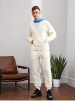 Men Drop Shoulder Embroidery Letter Teddy Contrast Hoodie & Pants Set