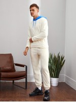 Men Drop Shoulder Embroidery Letter Teddy Contrast Hoodie & Pants Set