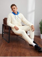 Men Drop Shoulder Embroidery Letter Teddy Contrast Hoodie & Pants Set