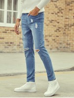 Men Zipper Fly Ripped Washed Jeans