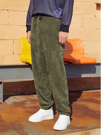 Men Drawstring Waist Corduroy Pants