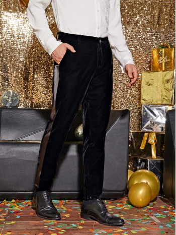 Men Contrast Sideseam Slant Pocket Velvet Pants