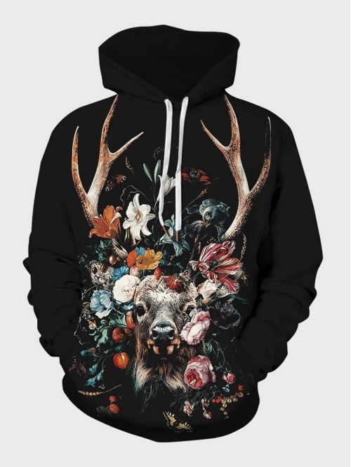 Men Deer And Floral Print Drawstring Hoodie