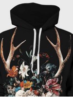 Men Deer And Floral Print Drawstring Hoodie