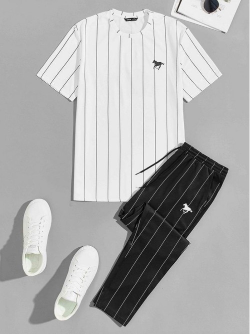 Men Horse Print Striped Top & Pants Set