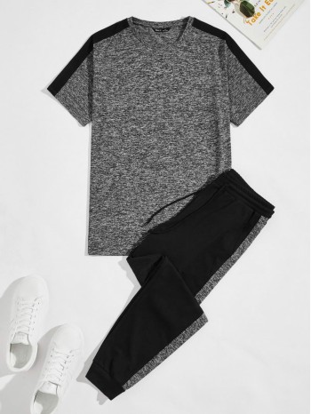 Men Contrast Panel Marled Top & Sweatpants Set