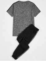 Men Contrast Panel Marled Top & Sweatpants Set