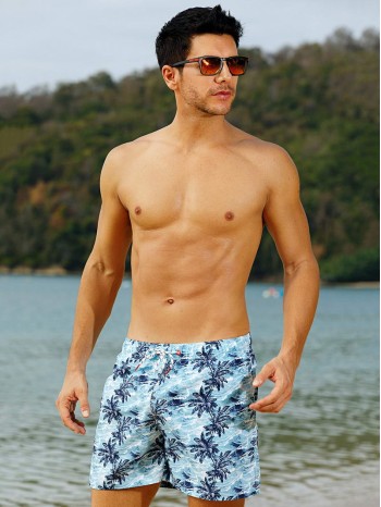 Men Palm Tree Print Drawstring Waist Swim Trunks