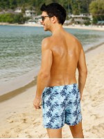 Men Palm Tree Print Drawstring Waist Swim Trunks