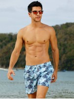 Men Palm Tree Print Drawstring Waist Swim Trunks