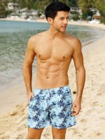 Men Palm Tree Print Drawstring Waist Swim Trunks