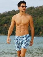 Men Palm Tree Print Drawstring Waist Swim Trunks