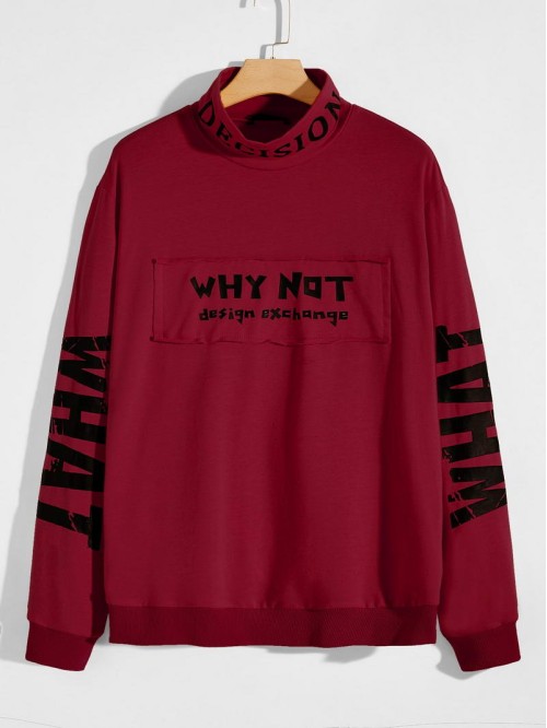 Men Slogan Graphic Mock Neck Pullover