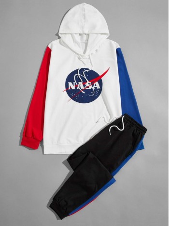 Men Contrast Sleeve Letter Graphic Hoodie & Sweatpants