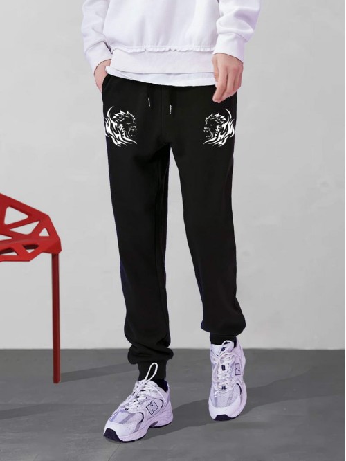 Men Symmetrical Lion Print Drawstring Joggers