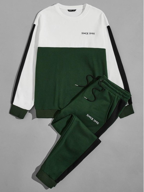 Men Colorblock Embroidery Detail Pullover & Drawstring Sweatpants Set