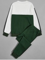 Men Colorblock Embroidery Detail Pullover & Drawstring Sweatpants Set