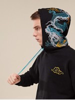 Men Chinese Dragon and Graphic Embroidery Pouch Pocket Hoodie