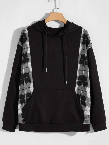 Men Contrast Plaid Panel Hoodie