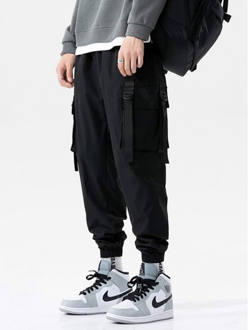 Men Buckle Strap Side Flap Pocket Cargo Pants