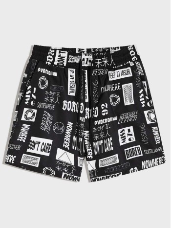 Men Slant Pocket Allover Letter Graphic Shorts