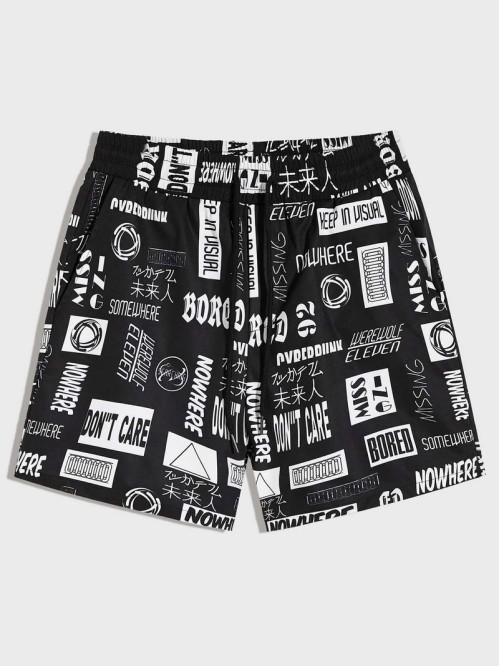 Men Slant Pocket Allover Letter Graphic Shorts