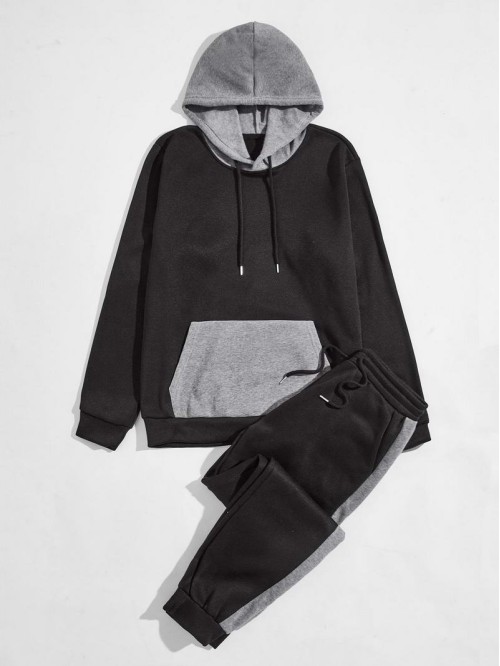 Men Colorblock Kangaroo Pocket Drawstring Hoodie & Sweatpants