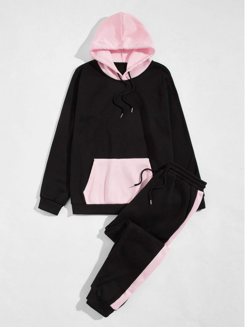 Men Colorblock Kangaroo Pocket Drawstring Hoodie & Sweatpants