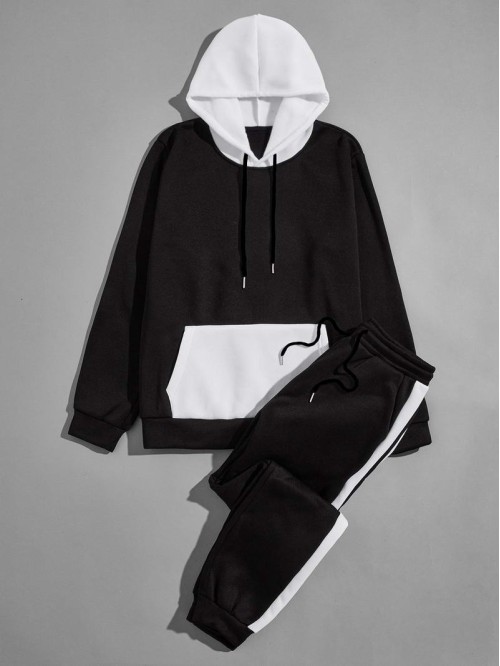 Men Colorblock Kangaroo Pocket Drawstring Hoodie & Sweatpants